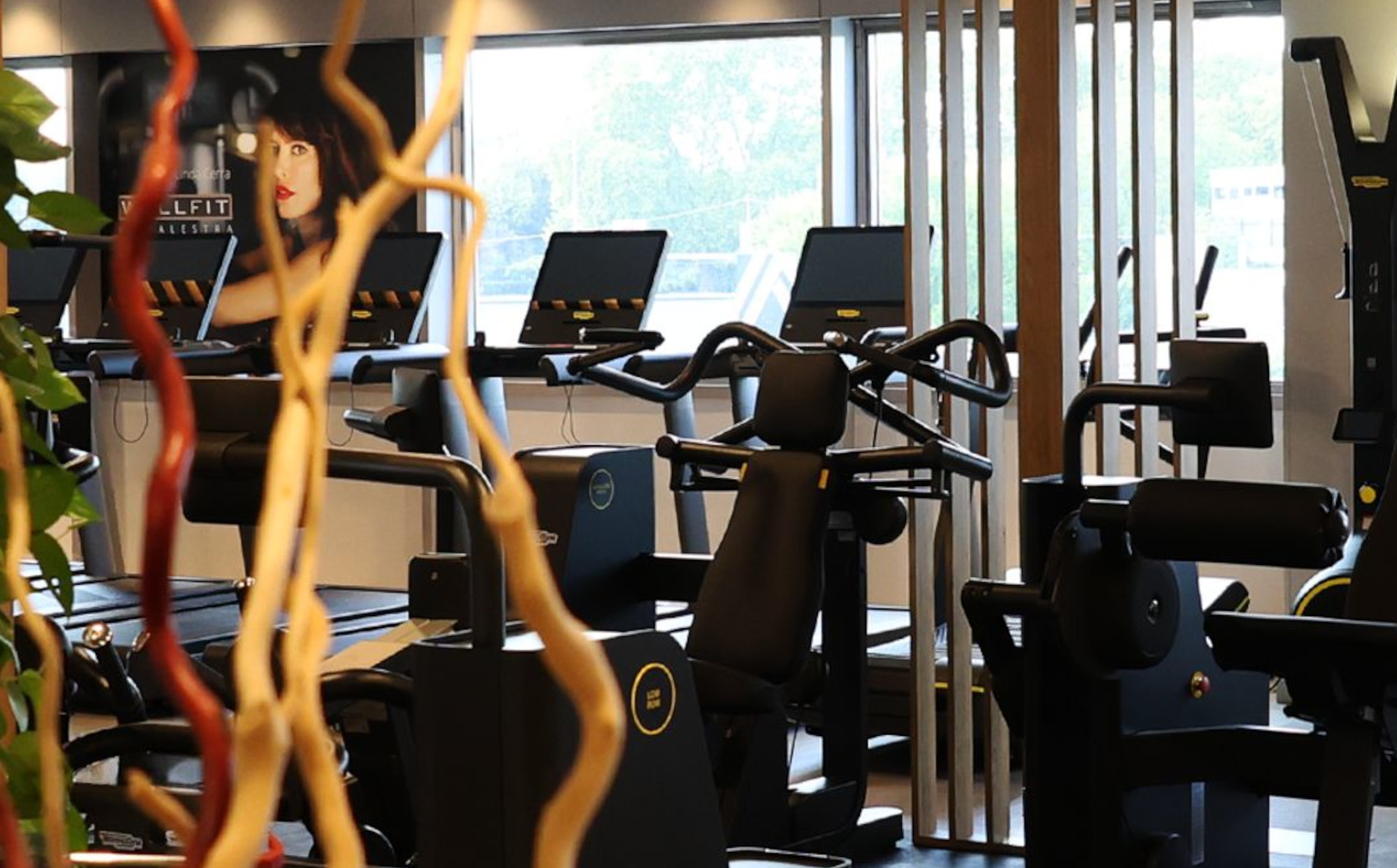 Sala fitness con attrezzature Technogym e verde integrato nell'ambiente.